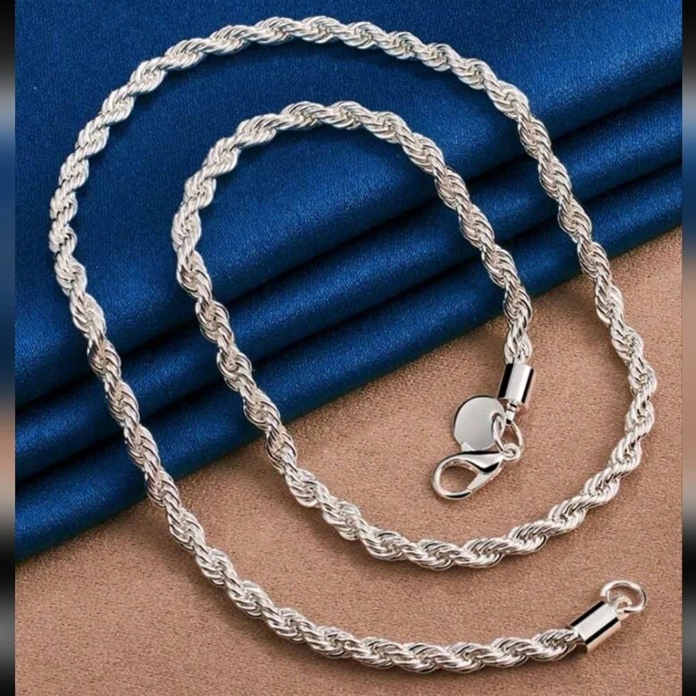 Unisex Plated Sterling Silver 4mm Twisted Rope chain Necklace 20.5" - Picture 3 of 8